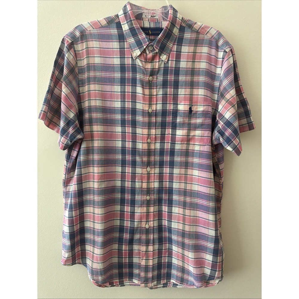Ralph Lauren Shirt MensL Indian Madras Button Up Pink Navy Plaid Resort Preppy